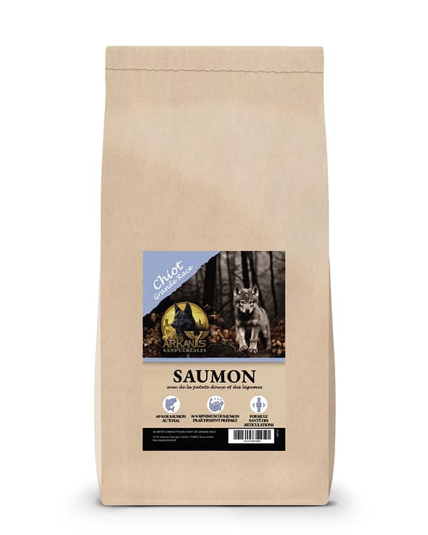 Croquettes Sans C&eacute;r&eacute;ales &ndash; Saumon avec de la Patate Douce et des L&eacute;gumes &ndash; Chiot Grande Race