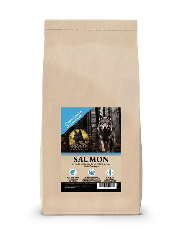 Croquettes Sans C&eacute;r&eacute;ales &ndash; Saumon & Truite avec Patate Douce et Asperge &ndash; Chien Adulte Grande Race