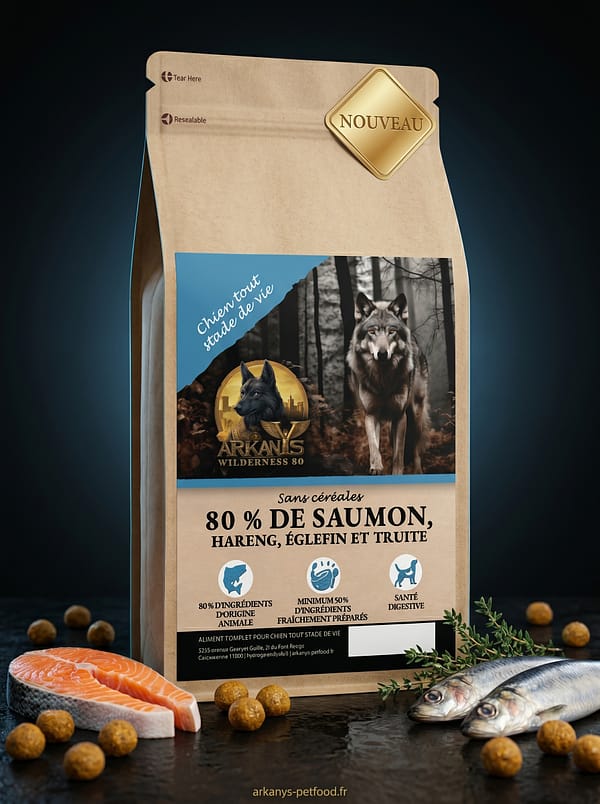 Croquettes Wilderness 80 &mdash; Saumon, Hareng, &Eacute;glefin & Truite &ndash; Chien & Chiot