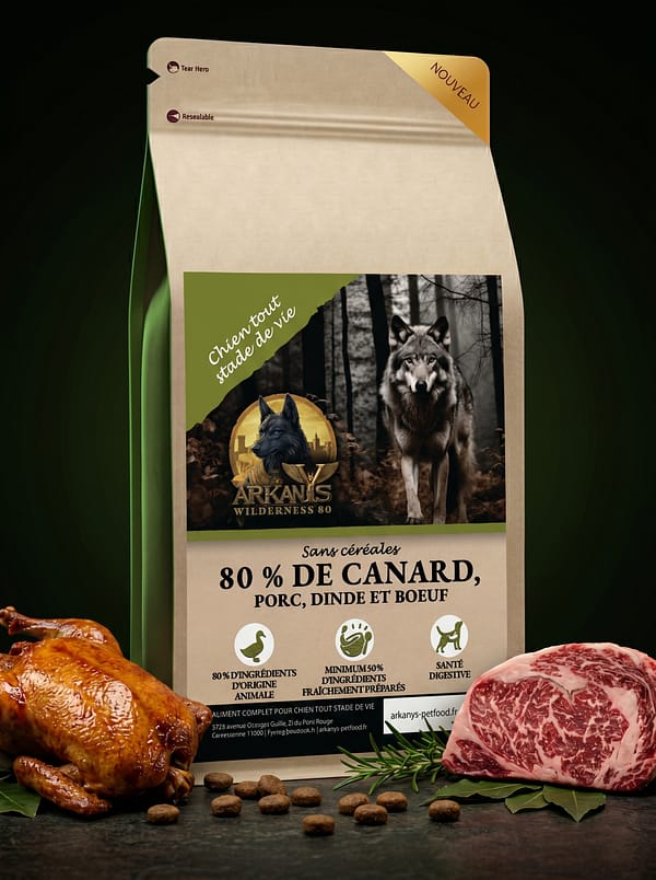 Croquettes Wilderness 80 &mdash; Canard, Porc, Dinde & B&oelig;uf Aberdeen Angus &ndash; Chien & Chiot